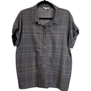 DownEast Top Women’s Sz XL Gray Grid 1/2 Hidden Button Down Cuffed Short SL